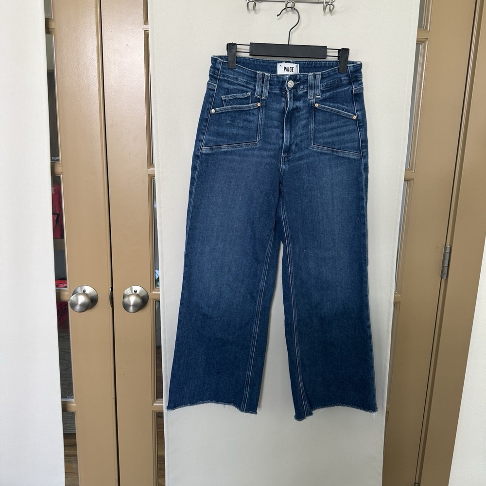 Paige Womens 27 Blue Medium Wash High Rise Raw Hem Anessa Wide Leg Jeans Denim